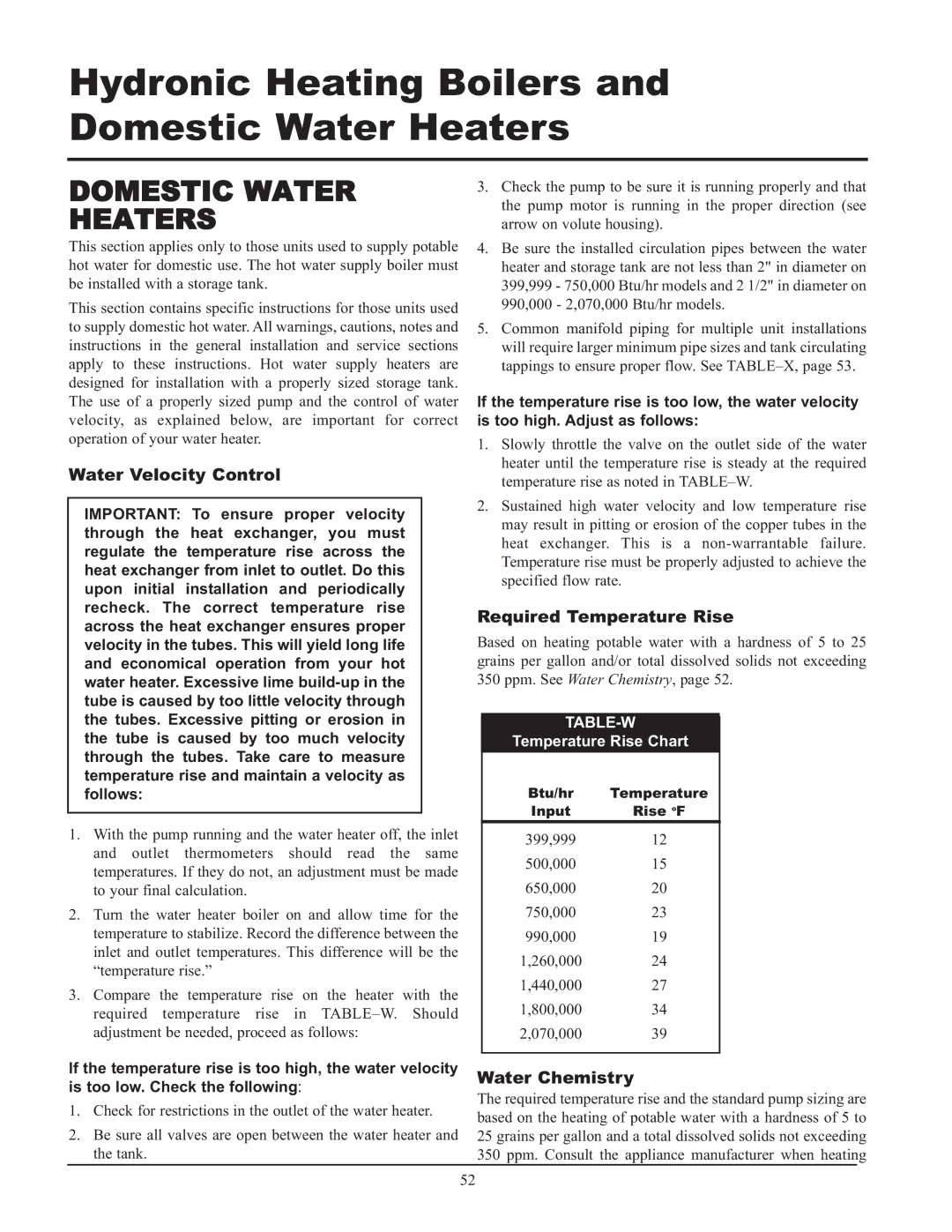 Lochinvar CF-CH(E)-i&s-08, 999 - 750, 399 Water Velocity Control, Required Temperature Rise, Water Chemistry, Table-W 