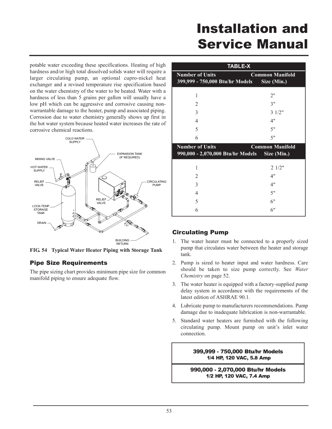 Lochinvar 999 - 750, CF-CH(E)-i&s-08 Pipe Size Requirements, Circulating Pump, Table-X, 399,999 750,000 Btu/hr Models 