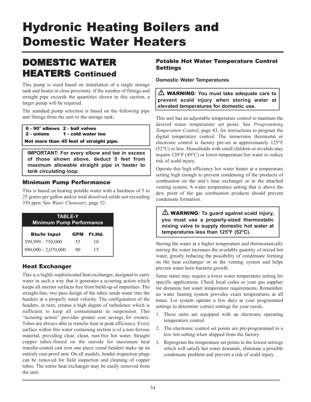 Lochinvar 999 - 750, 399 Minimum Pump Performance, Potable Hot Water Temperature Control Settings, Heat Exchanger, Table-Y 