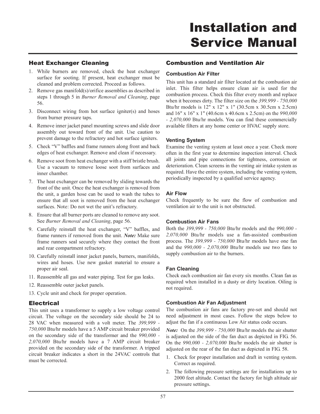 Lochinvar 999 - 750, CF-CH(E)-i&s-08, 399 service manual Heat Exchanger Cleaning, Electrical, Combustion and Ventilation Air 