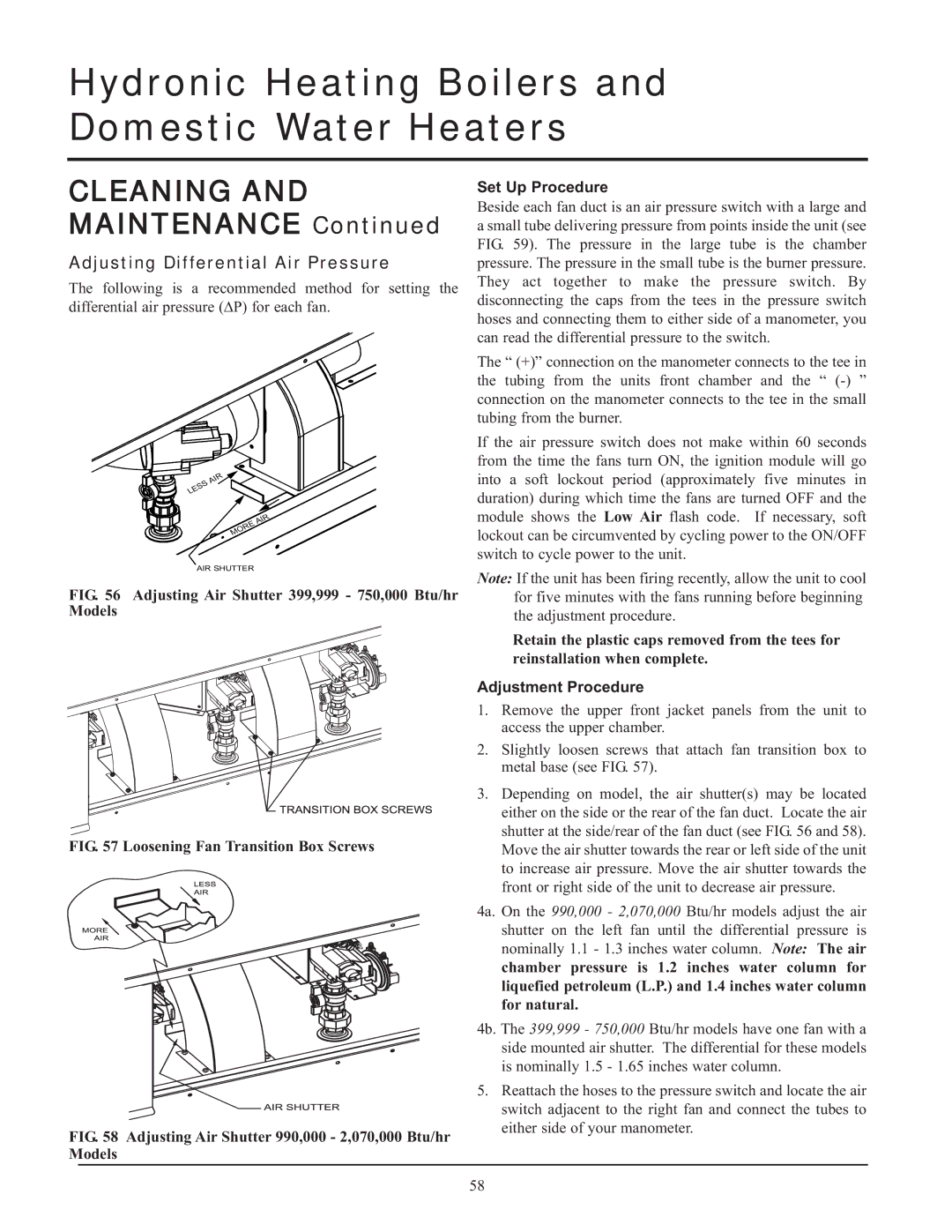 Lochinvar CF-CH(E)-i&s-08, 999 - 750, 399 Adjusting Differential Air Pressure, Set Up Procedure, Adjustment Procedure 