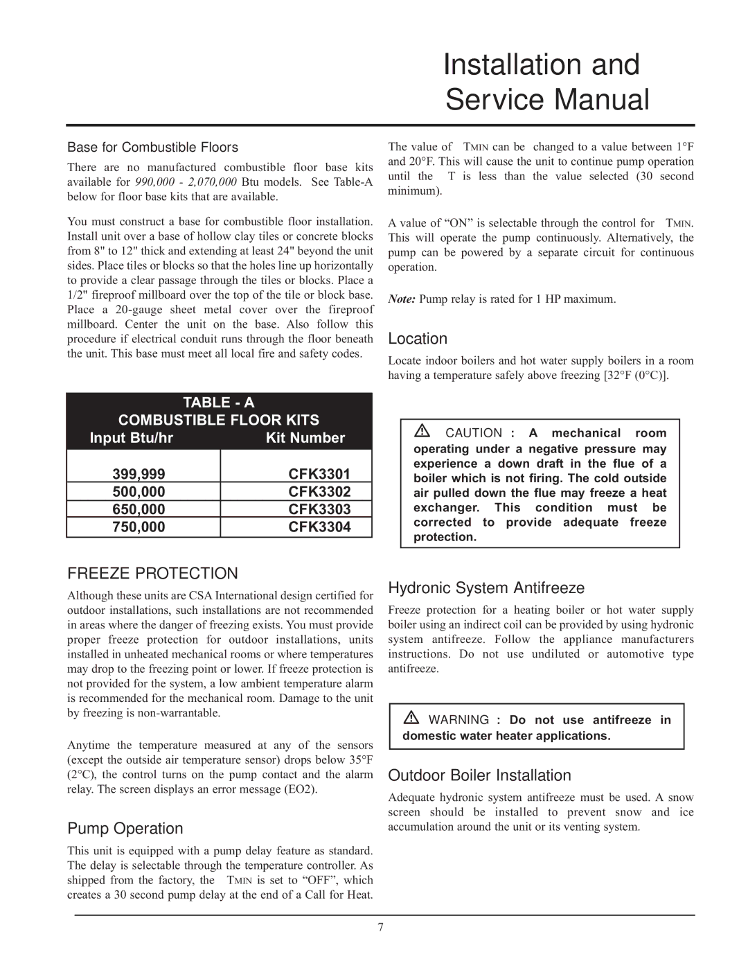 Lochinvar CF-CH(E)-i&s-08, 999 - 750, 399 Location, Freeze Protection, Pump Operation, Hydronic System Antifreeze 