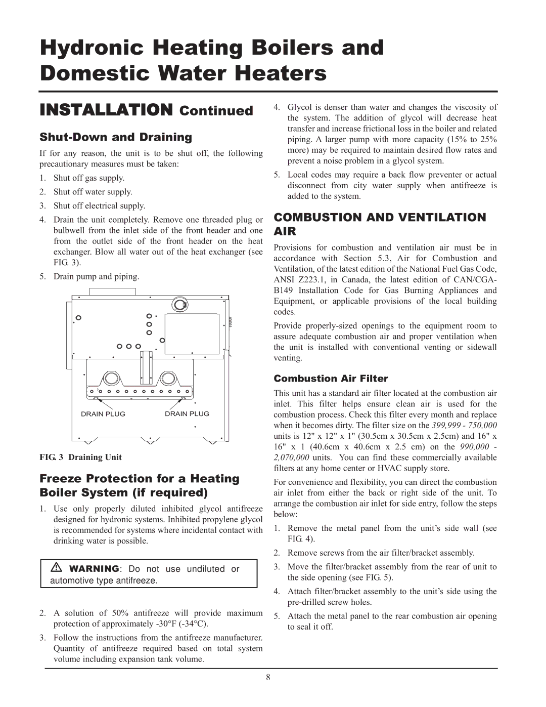 Lochinvar 399 Shut-Down and Draining, Freeze Protection for a Heating Boiler System if required, Combustion Air Filter 