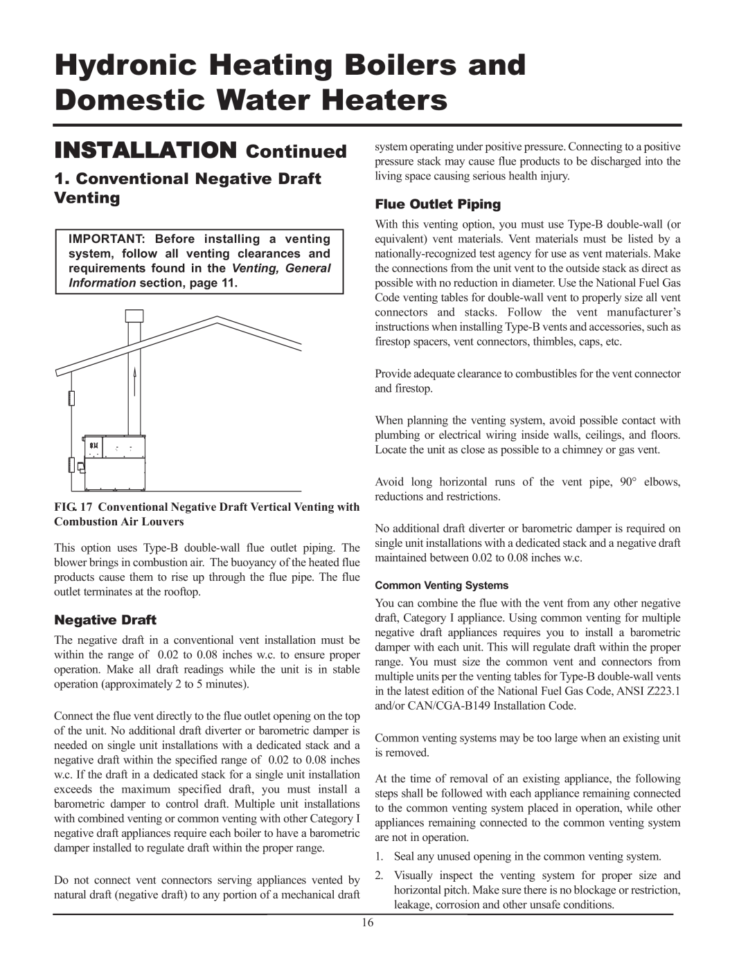 Lochinvar CF-CH(E)-i&s-08, 999 - 750, 399 Conventional Negative Draft Venting, Flue Outlet Piping, INSTALLATION Continued 