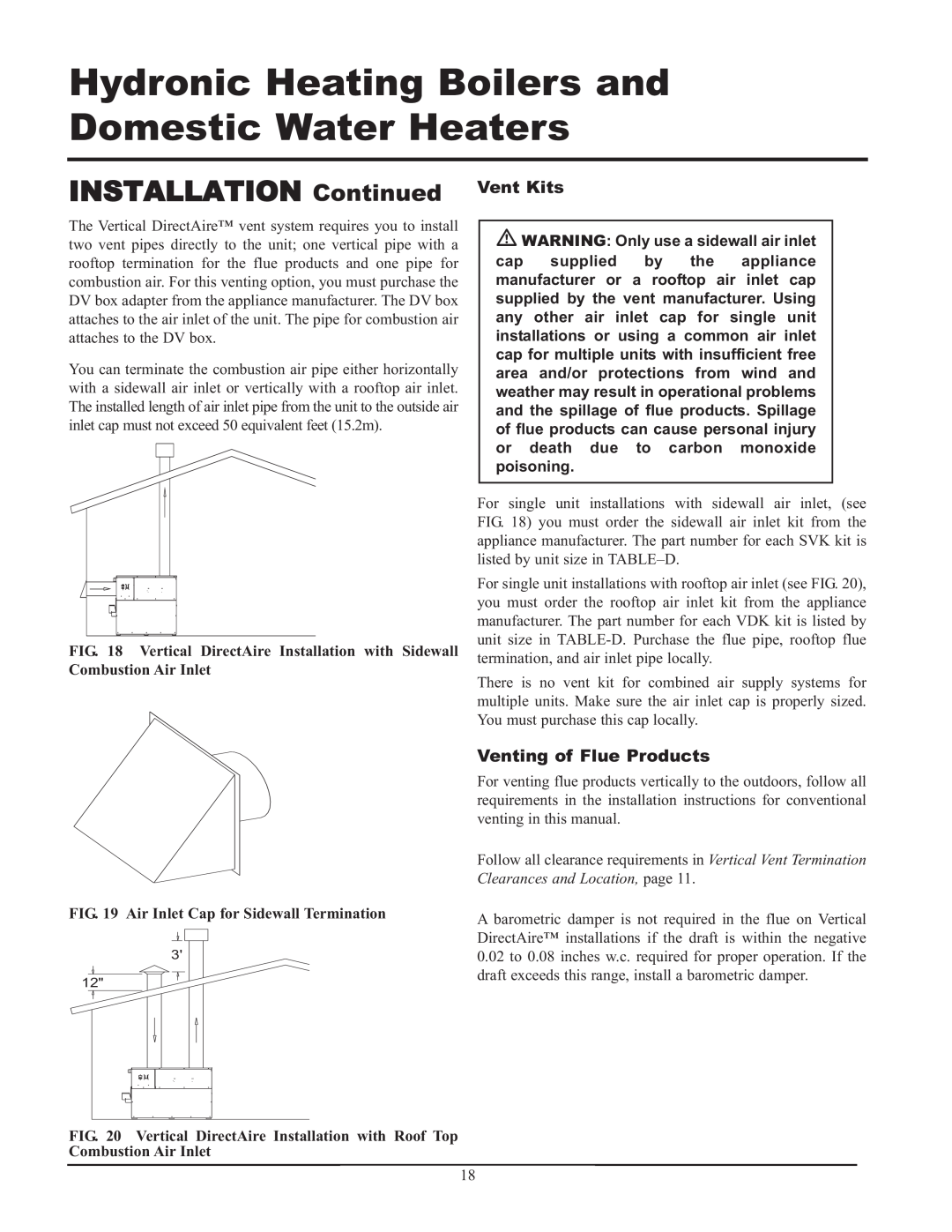 Lochinvar 999 - 750 INSTALLATION Continued Vent Kits, Venting of Flue Products, Air Inlet Cap for Sidewall Termination 