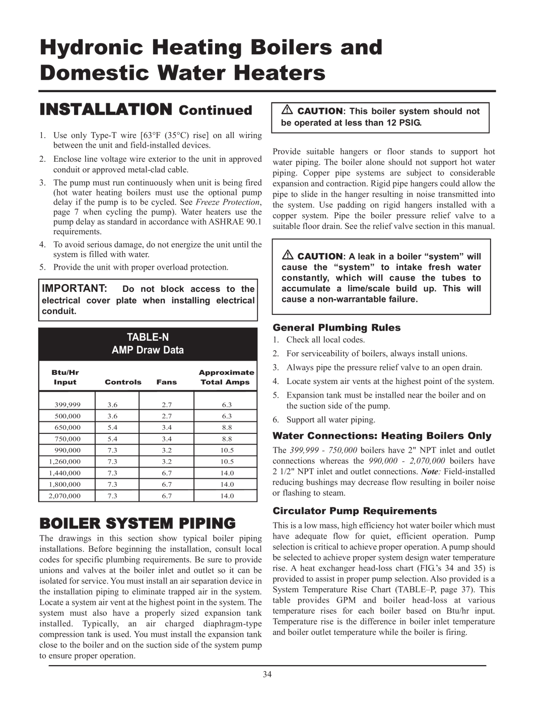 Lochinvar CF-CH(E)-i&s-08, 399 Boiler System Piping, TABLE-N AMP Draw Data, General Plumbing Rules, INSTALLATION Continued 