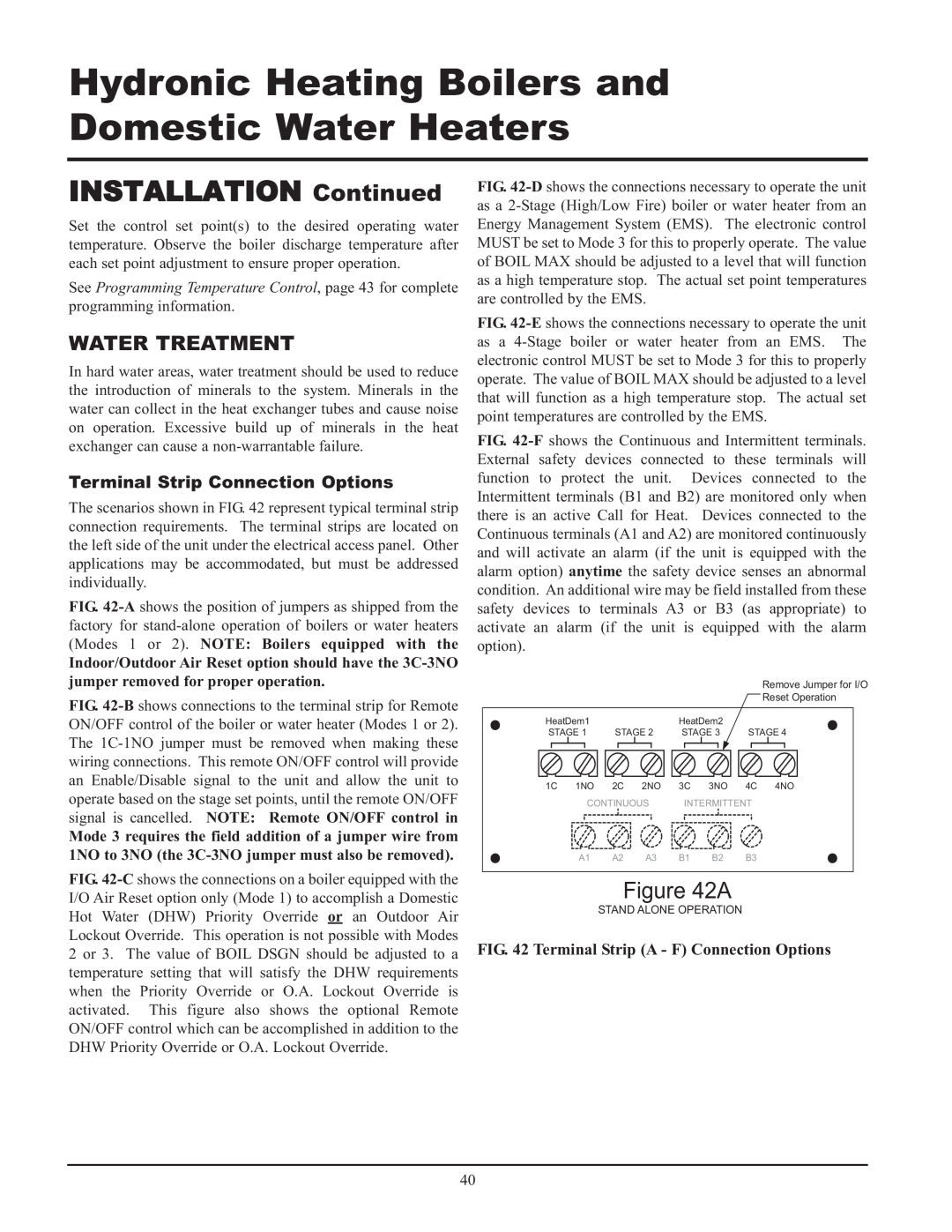 Lochinvar CF-CH(E)-i&s-08, 999 - 750, 399 Water Treatment, Terminal Strip Connection Options, INSTALLATION Continued 