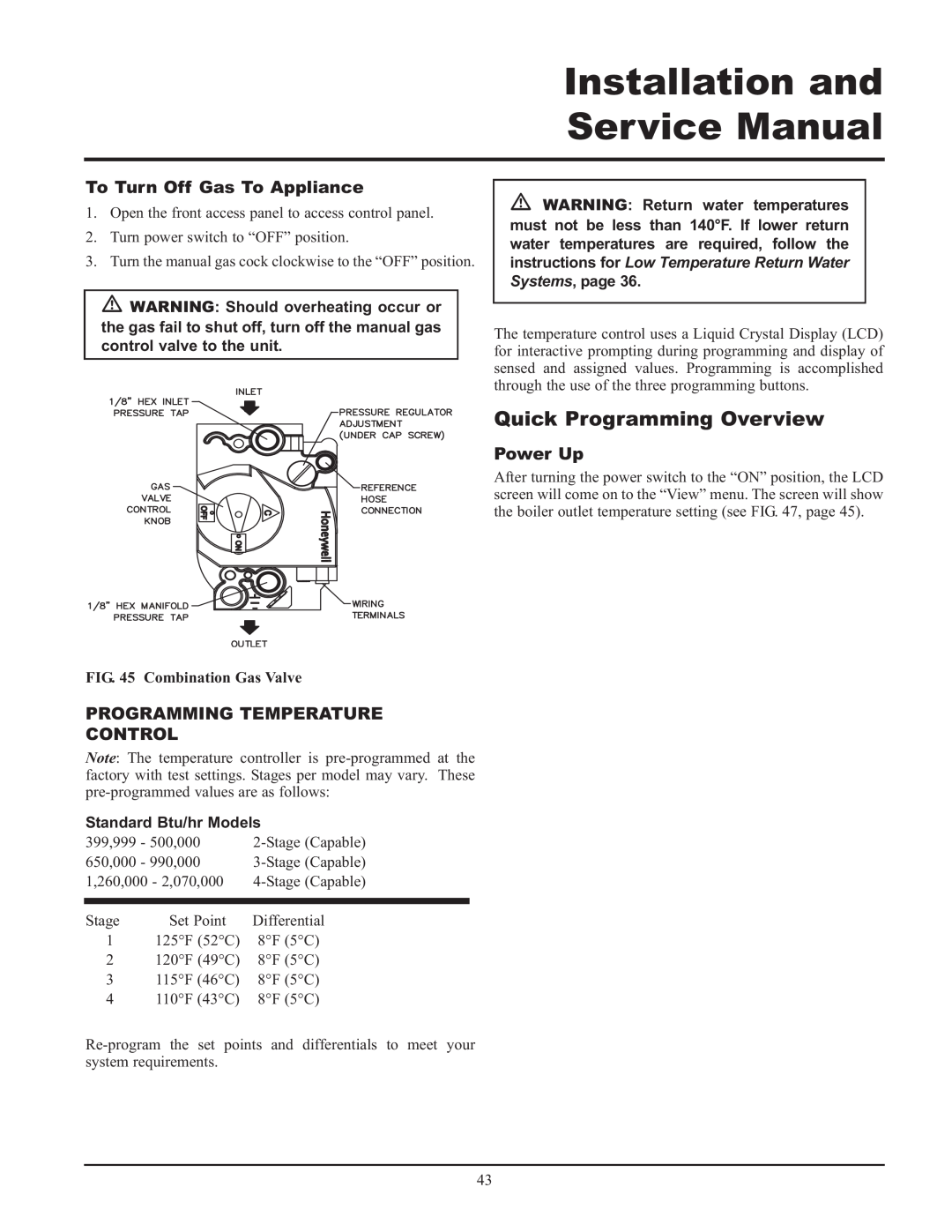 Lochinvar CF-CH(E)-i&s-08, 399 Quick Programming Overview, To Turn Off Gas To Appliance, Power Up, Combination Gas Valve 