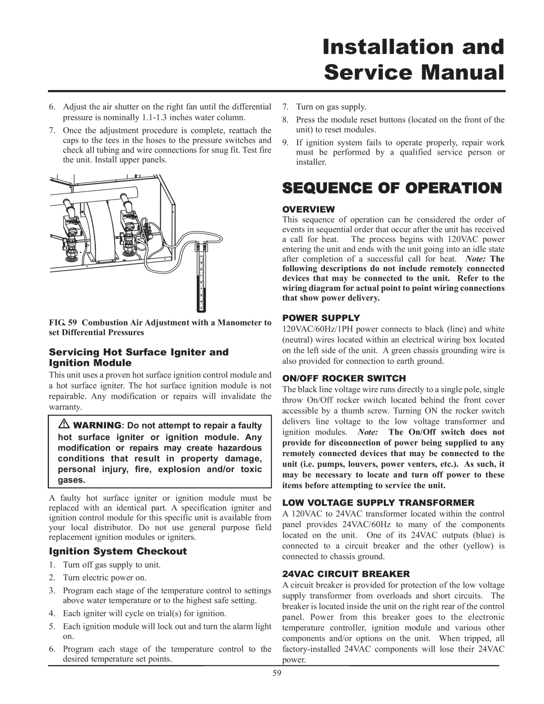 Lochinvar 399 Sequence Of Operation, Servicing Hot Surface Igniter and Ignition Module, Ignition System Checkout, Overview 