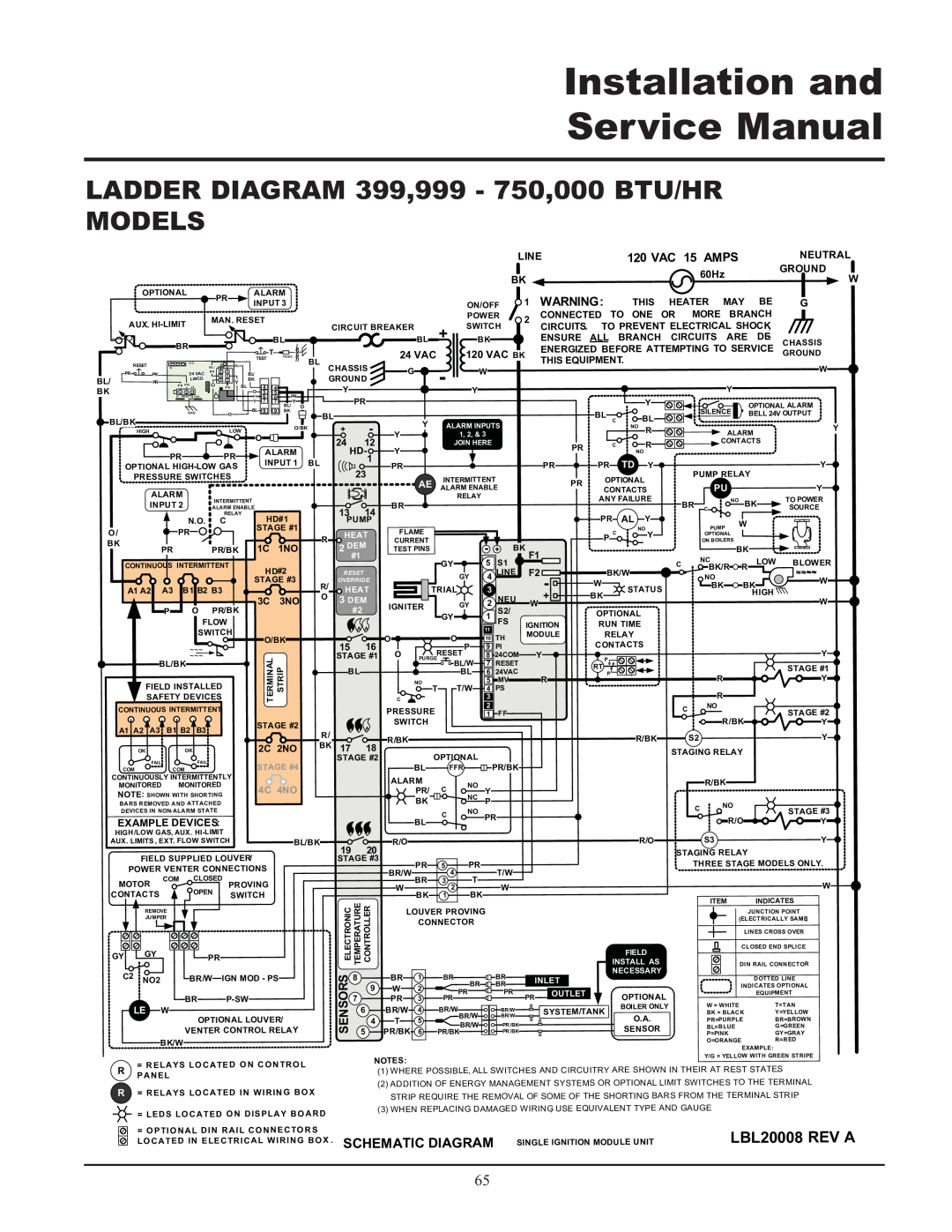 Lochinvar LADDER DIAGRAM 399,999 - 750,000 BTU/HR MODELS, LBL20008 REV A, Installation and Service Manual, VAC 15 AMPS 