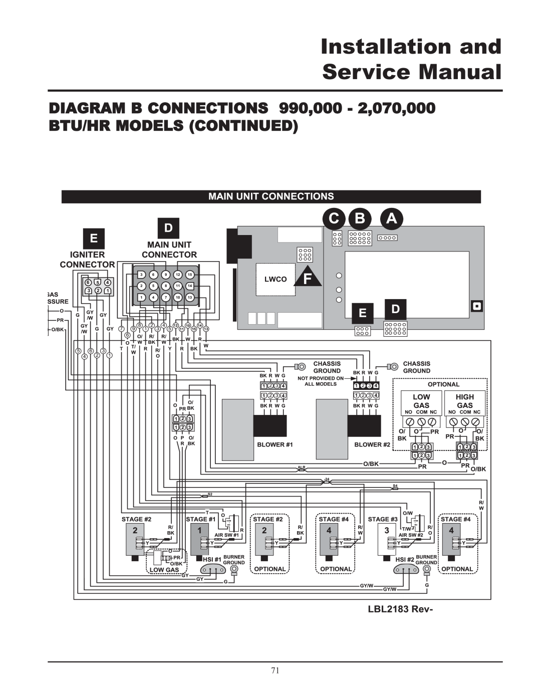 Lochinvar 399, 999 - 750, CF-CH(E)-i&s-08 service manual DIAGRAM B CONNECTIONS 990,000 - 2,070,000, Btu/Hr Models Continued 