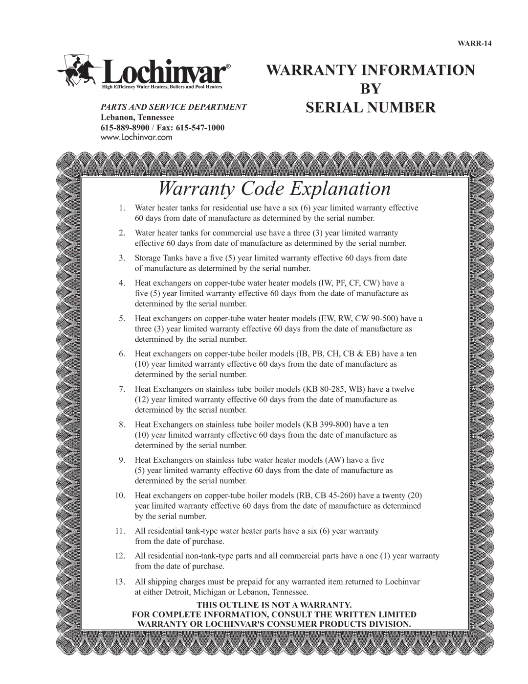 Lochinvar WARR-14, A07H00123456 warranty Warranty Code Explanation 