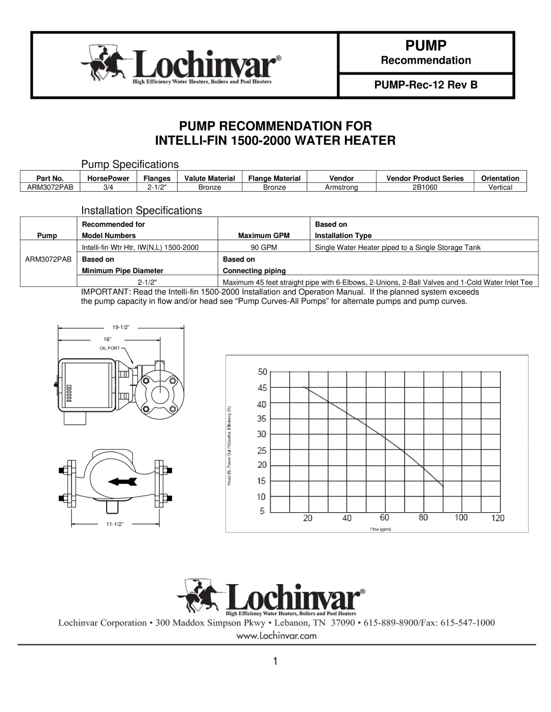 Lochinvar ARM3072PAB specifications Pump Recommendation for INTELLI-FIN 1500-2000 Water Heater, Pump Specifications 