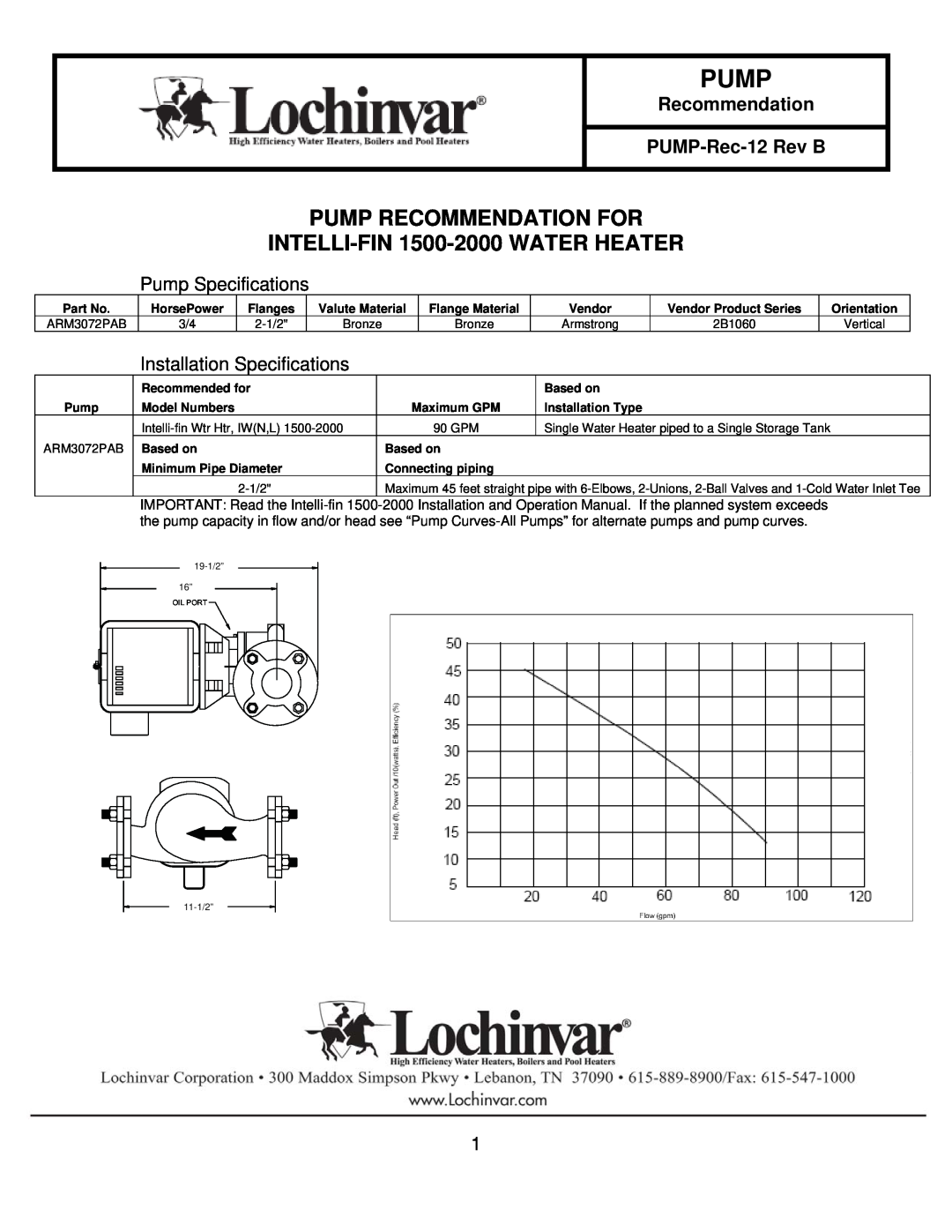 Lochinvar ARM3072PAB specifications Pump Recommendation For, INTELLI-FIN 1500-2000WATER HEATER, Pump Specifications 