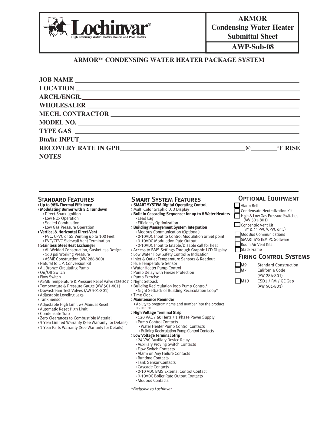 Lochinvar AWP-SUB-08 warranty Standard Features, Smart System Features, Optional Equipment, Firing Control Systems 