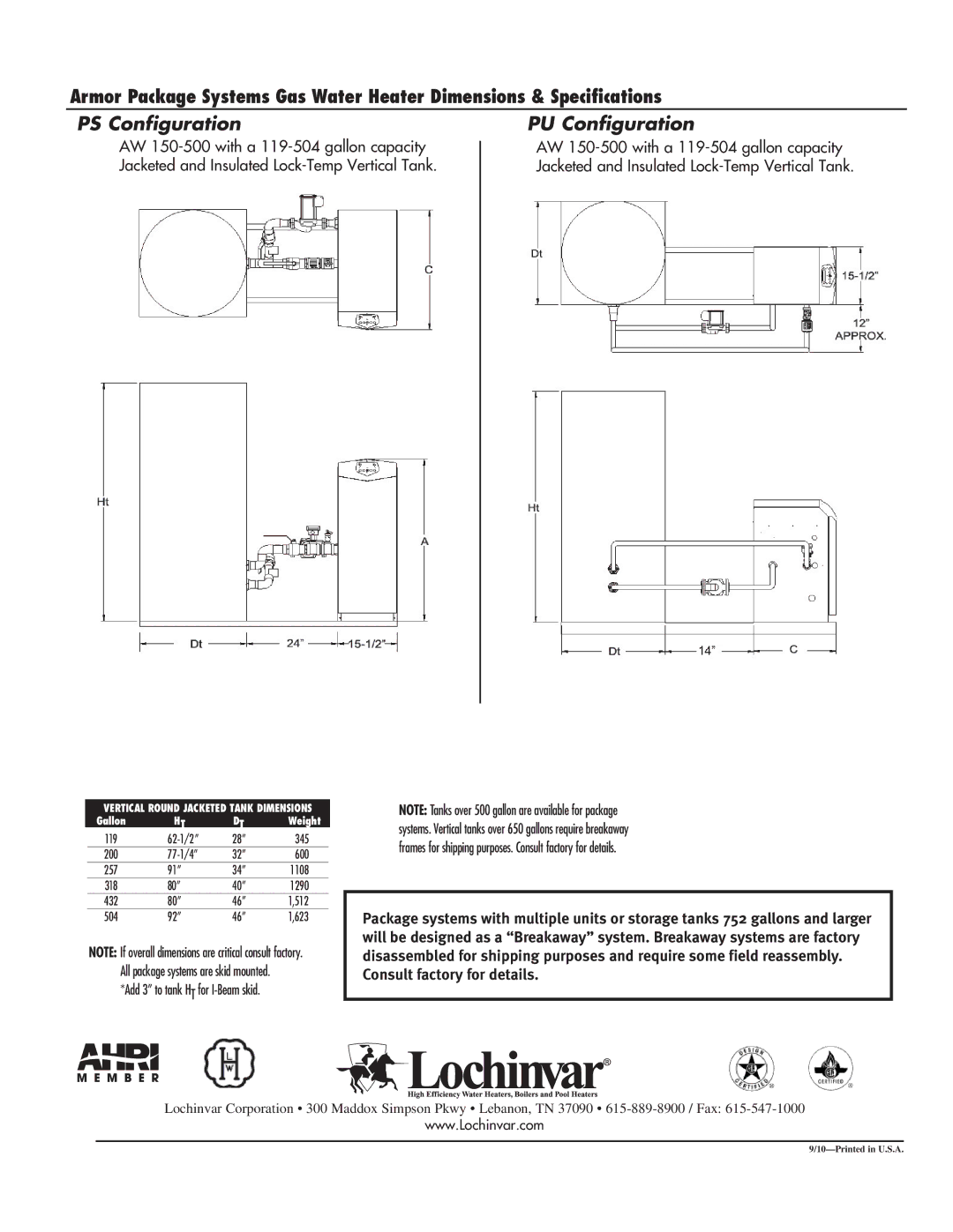 Lochinvar AWP-SUB-08 warranty 62-1/2 345, 77-1/4 600, 1108, 1290, 512, 623 