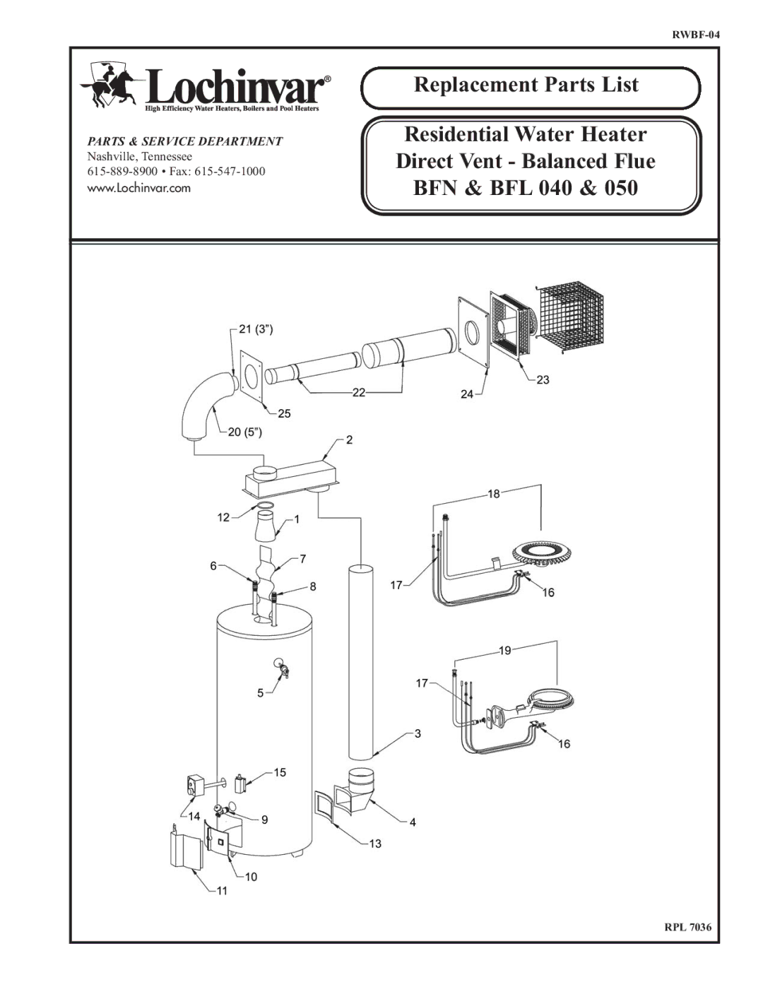 Lochinvar BFN 040, BFN 050, BFL 050, BFL 040 manual Rpl 