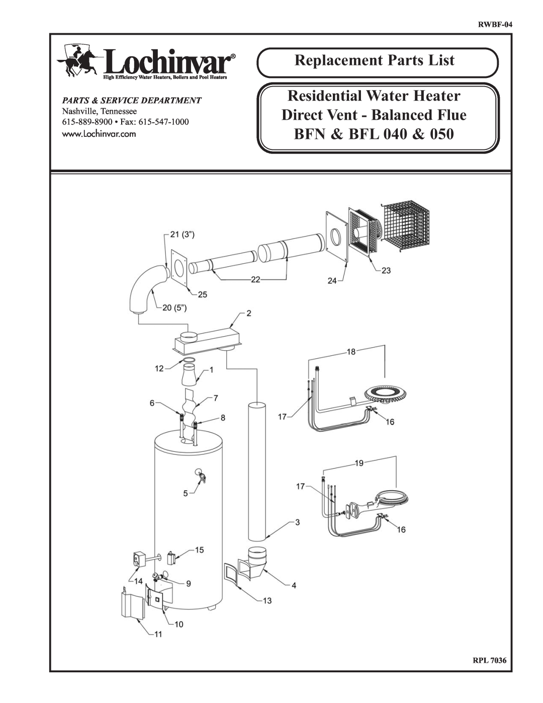 Lochinvar BFN 040 manual Replacement Parts List Residential Water Heater, Direct Vent - Balanced Flue BFN & BFL, RWBF-04 