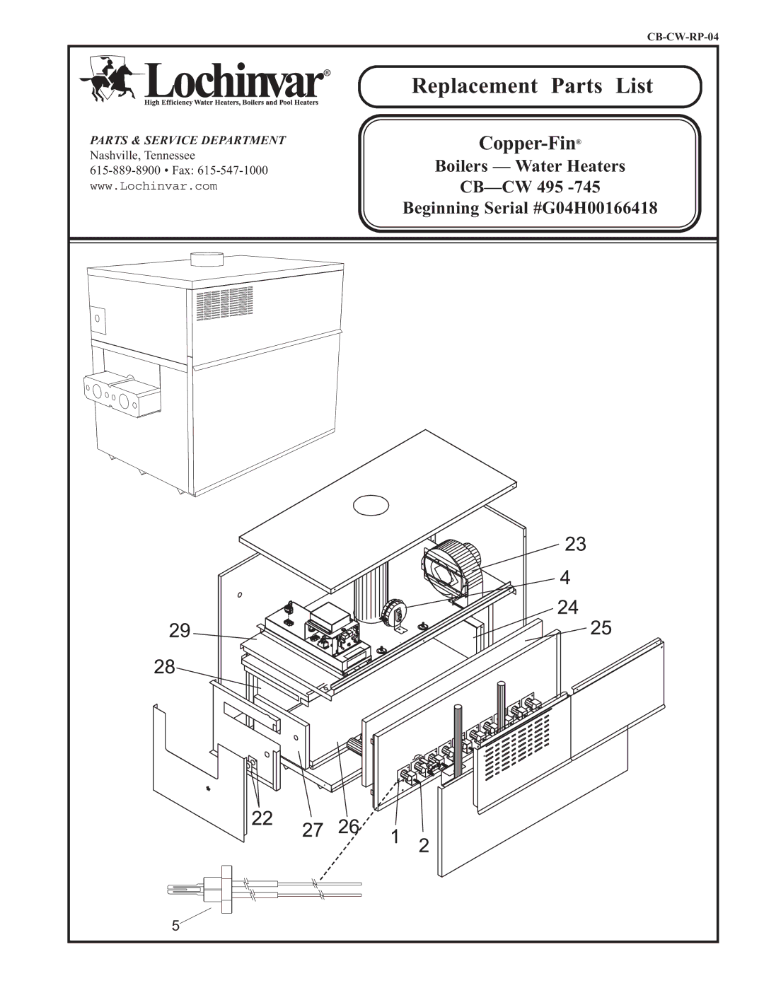 Lochinvar CB--CW 495 -745 manual Replacement Parts List 