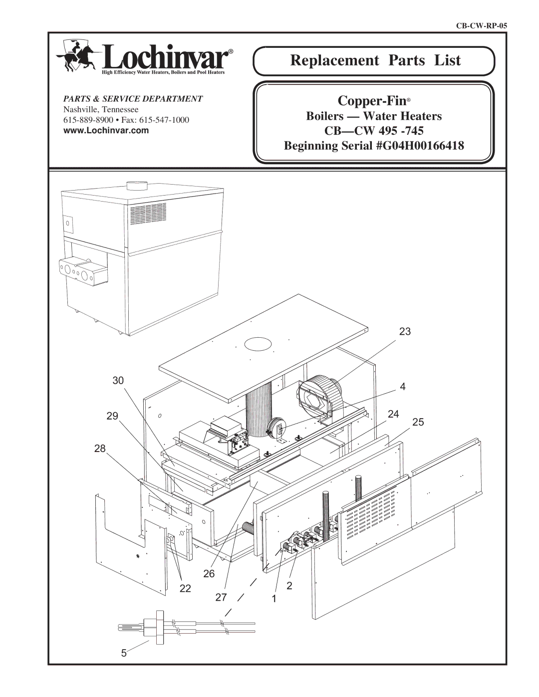 Lochinvar CB--CW 495 -745 manual Replacement Parts List 