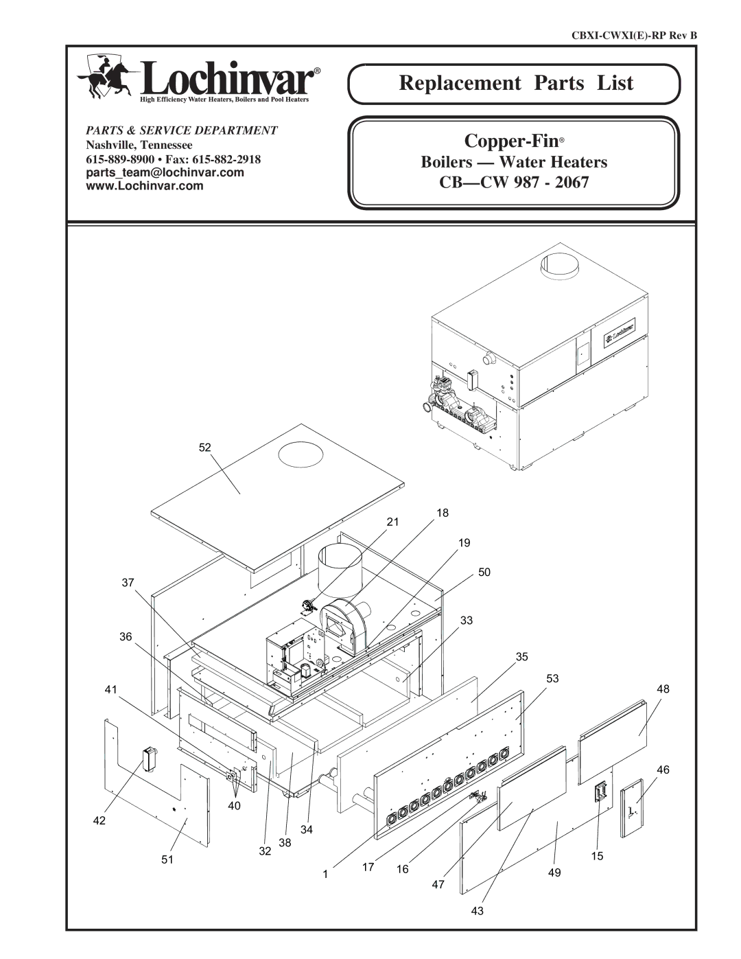 Lochinvar CB--CW 987 - 2067 manual Replacement Parts List 