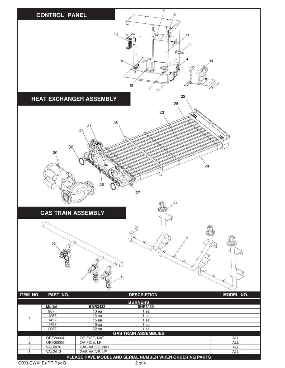 Lochinvar CB--CW 987 - 2067 manual Item no Description Model no, Burners, GAS Train Assemblies 