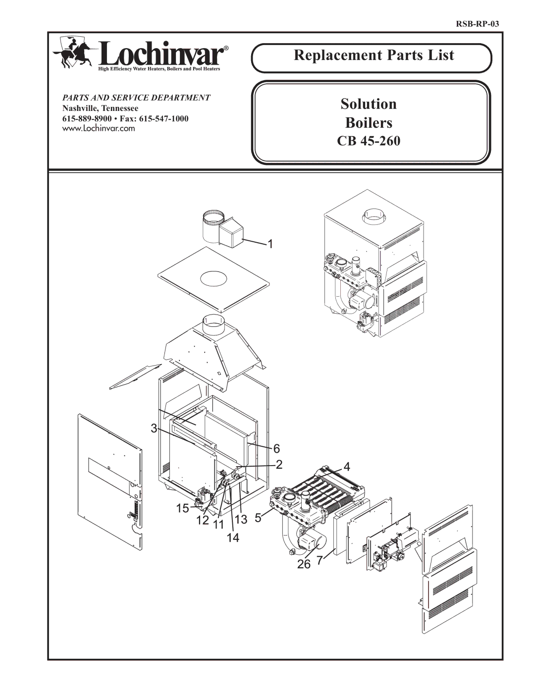 Lochinvar CB 45-260 manual Replacement Parts List 