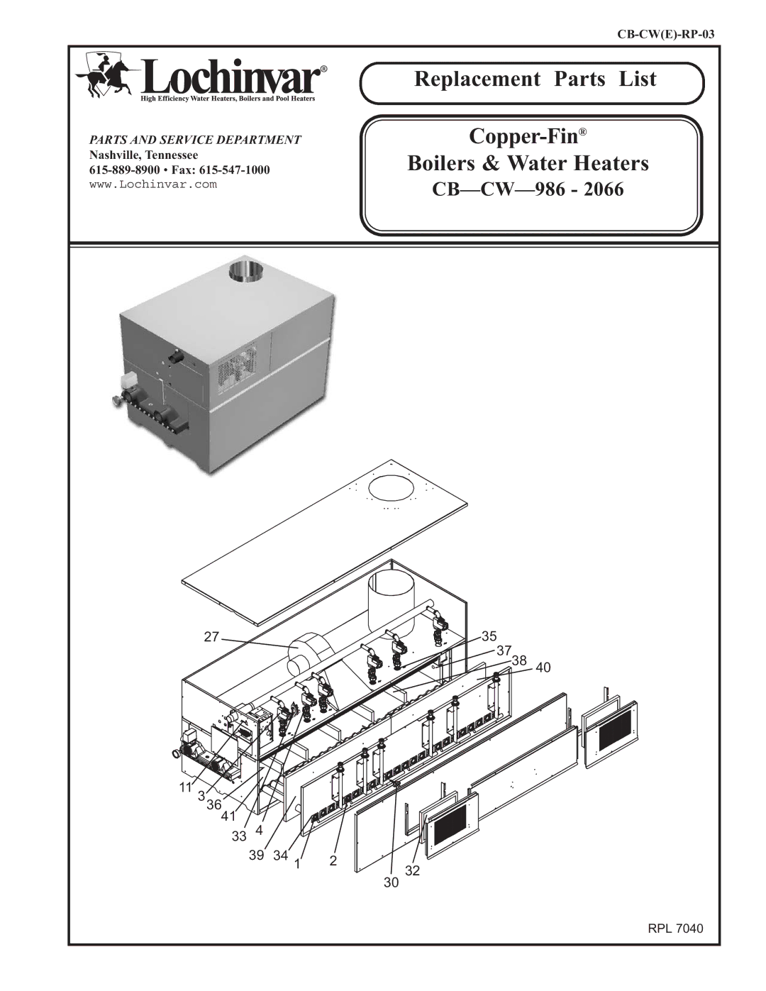 Lochinvar CB986-2066 manual Replacement Parts List 