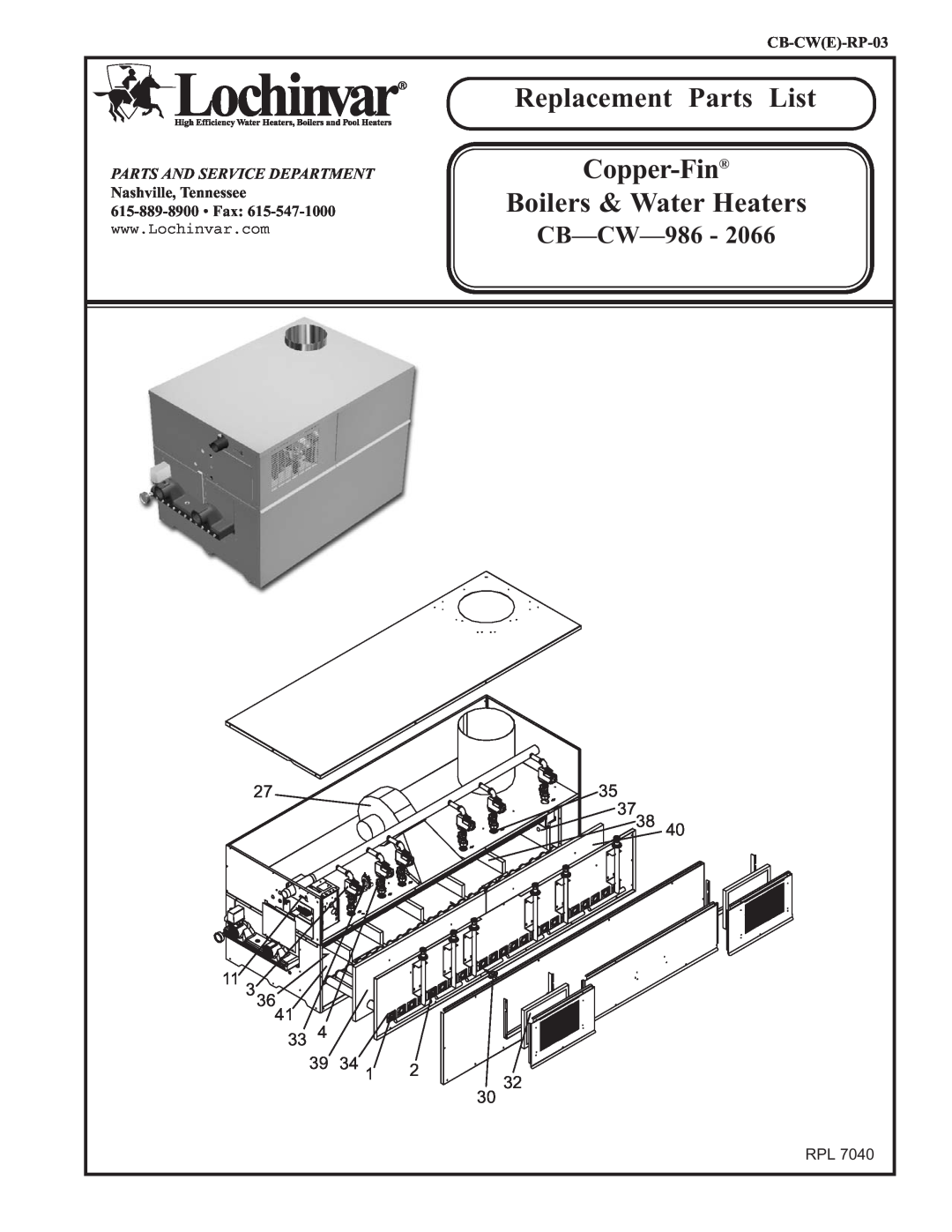 Lochinvar CB986-2066 manual Replacement, Parts, List, Boilers & Water Heaters, Copper-Fin, CB-CW-986 