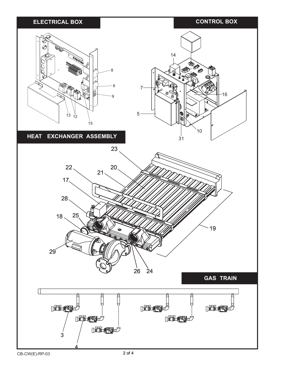 Lochinvar CB986-2066 manual Electrical Box, Control Box, Exchanger Assembly, Gas Train, Heat 