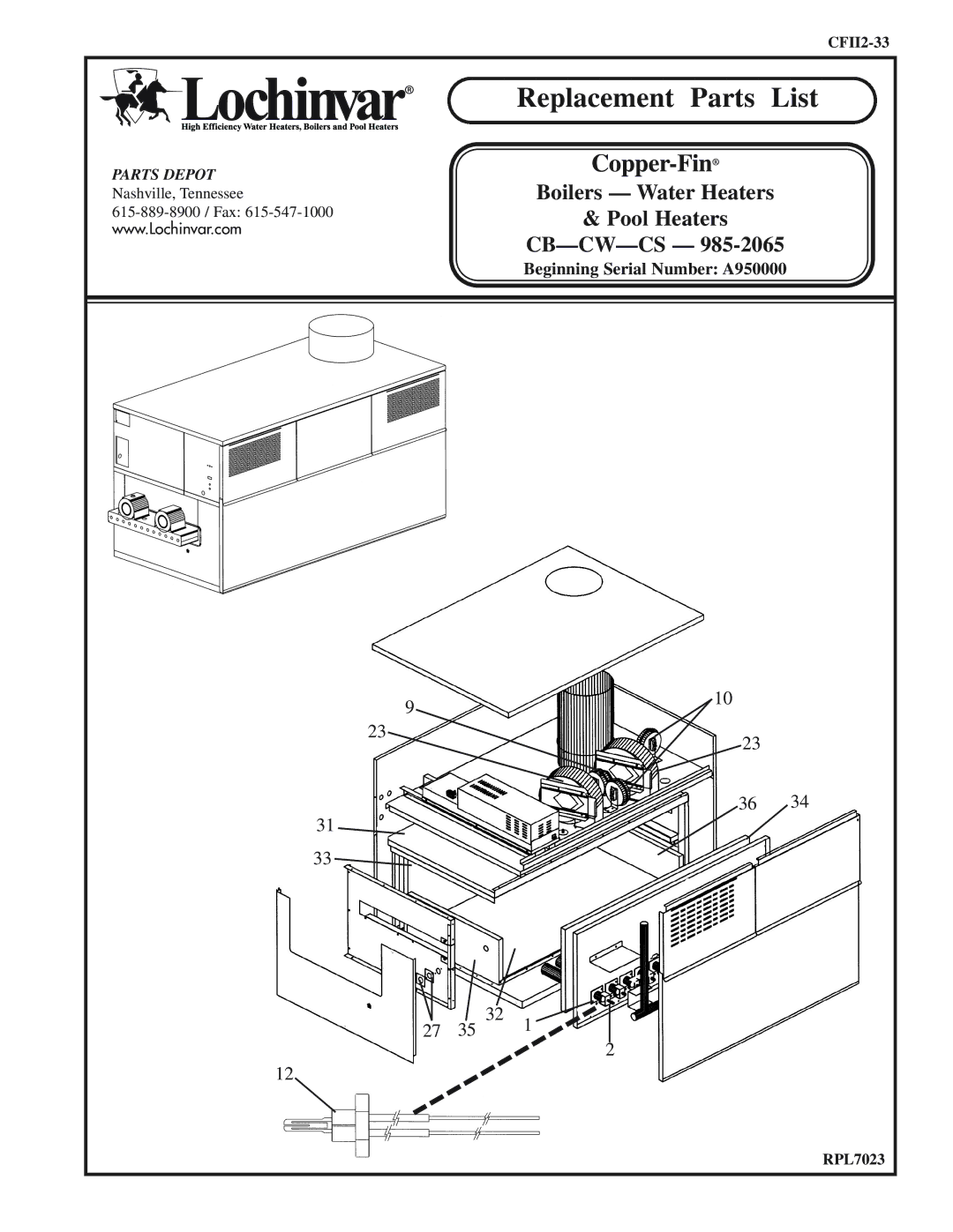 Lochinvar CFII2-33 manual Replacement Parts List 