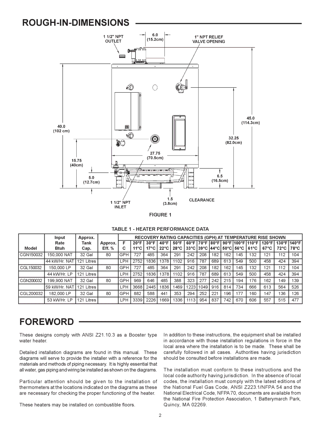 Lochinvar CG200, CG150 warranty Rough-In-Dimensions, Foreword, Recovery Rating Capacities GPH AT Temperature Rise Shown 