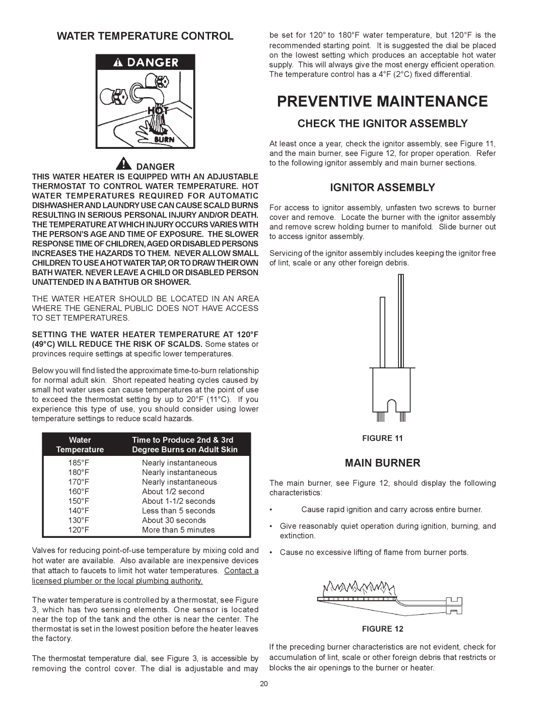 Lochinvar CG200, CG150 warranty Preventive Maintenance, Water Temperature Control, Check the Ignitor Assembly, Main Burner 