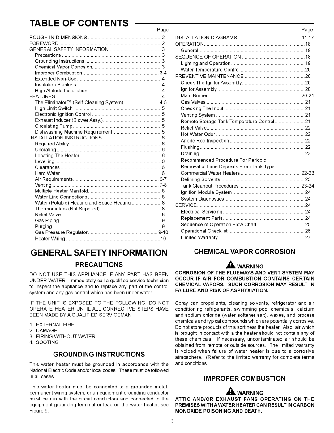 Lochinvar CG150, CG200 warranty Table of Contents 