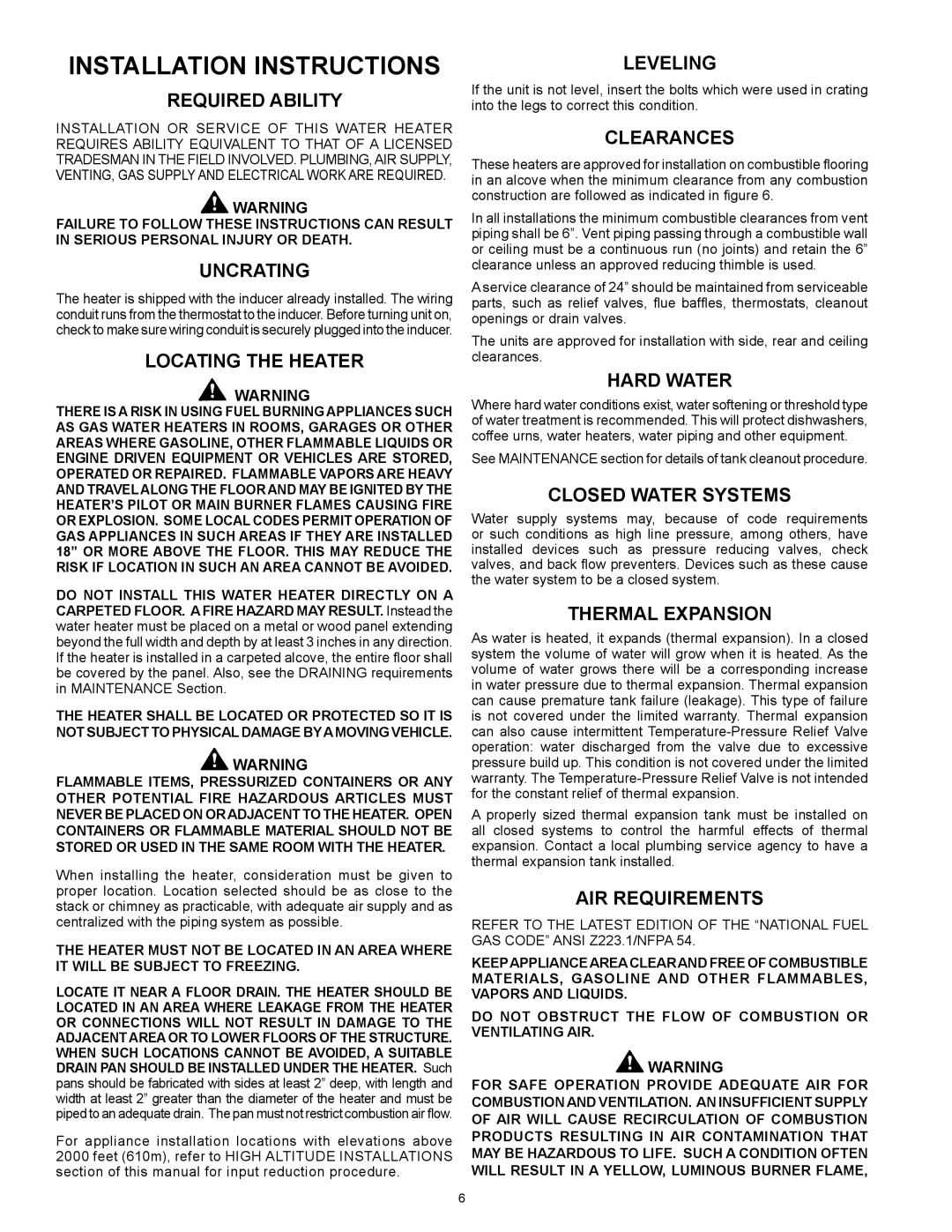 Lochinvar CG200 Required Ability, Uncrating, Locating the Heater, Leveling, Clearances, Hard Water, AIR Requirements 