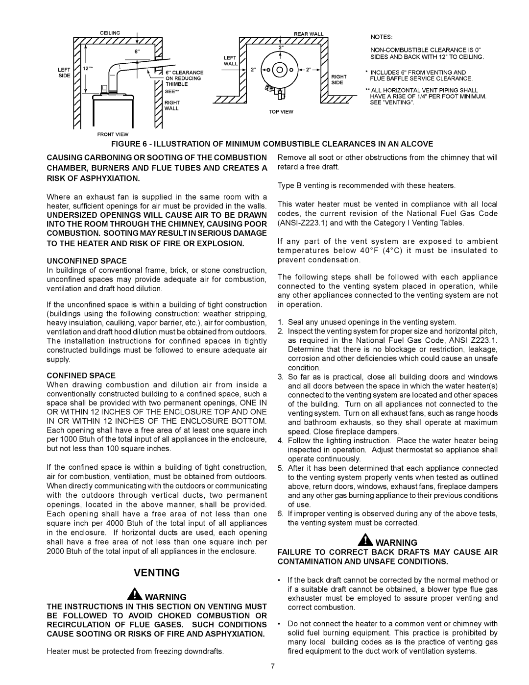 Lochinvar CG150, CG200 warranty Venting, Confined Space 