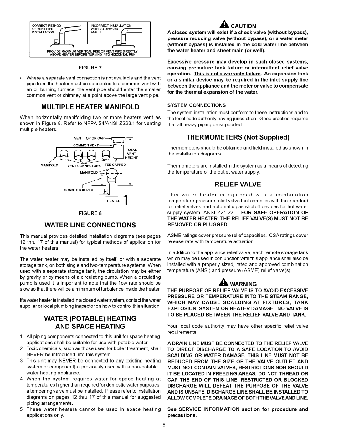 Lochinvar CG200, CG150 Multiple Heater Manifold, Water Line Connections, Water Potable Heating Space Heating, Relief Valve 