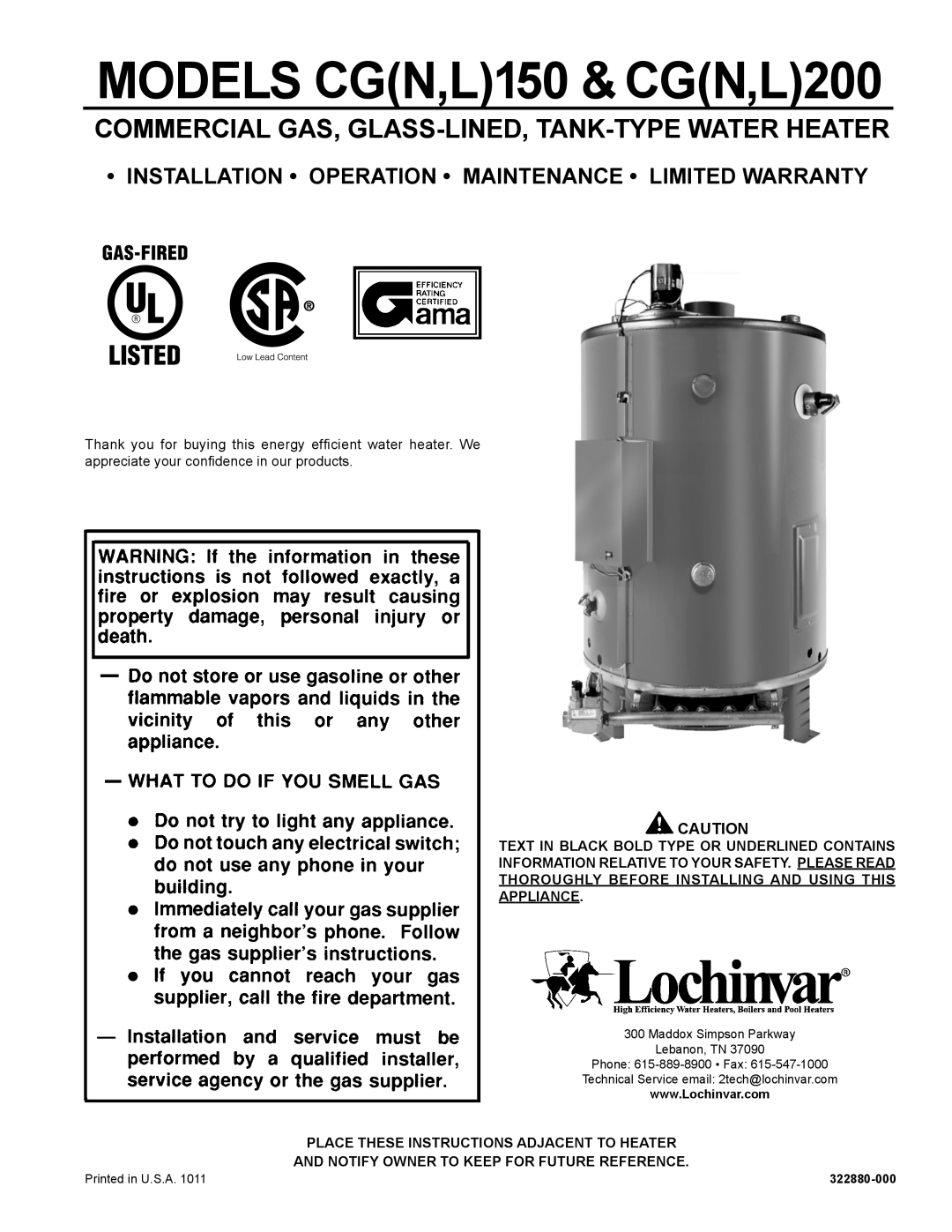 Lochinvar CG150, CG200 warranty MODELS CGN,L150 & CGN,L200 