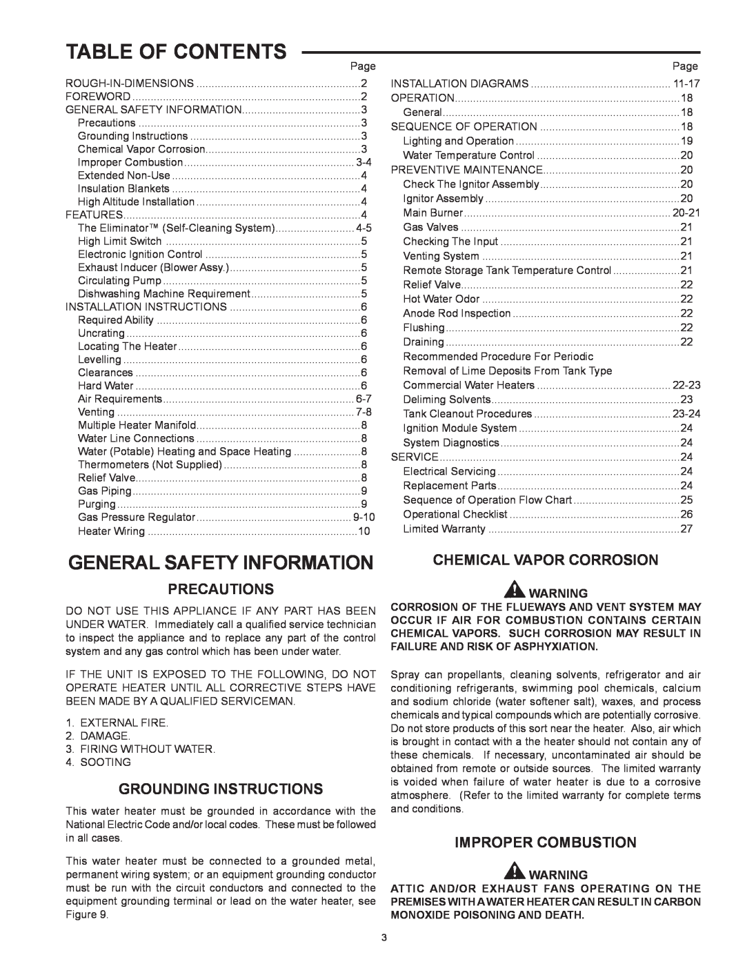 Lochinvar CG150 Table Of Contents, General Safety Information, Precautions, Grounding Instructions, Improper Combustion 