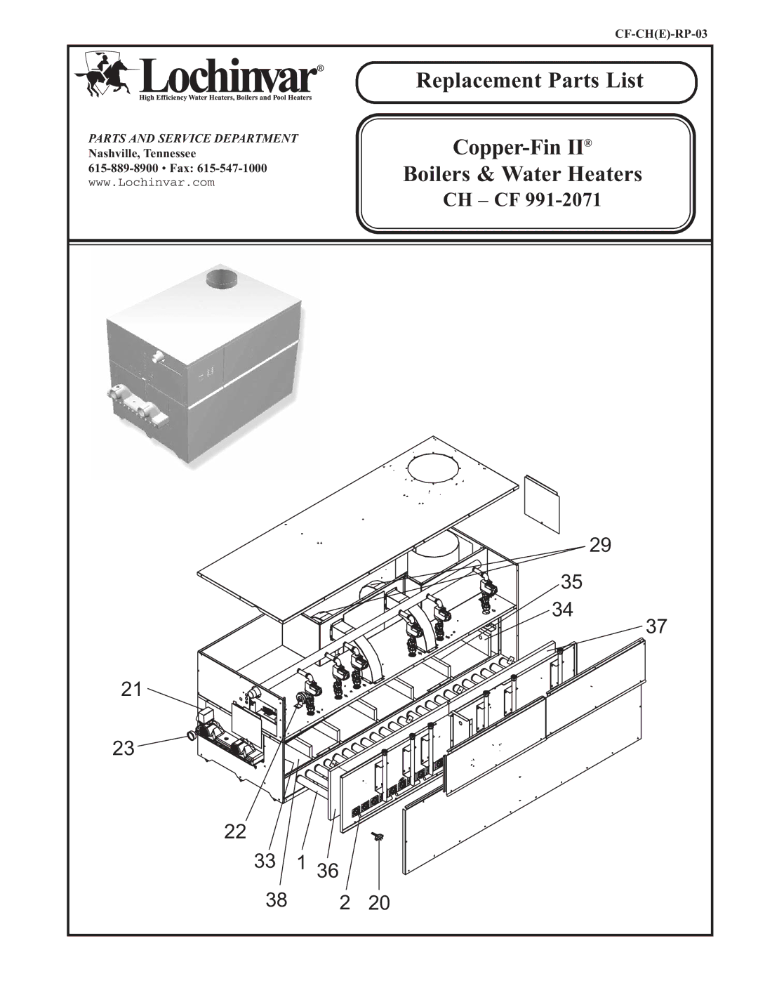 Lochinvar CH-CF 991-2071 manual Replacement Parts List 