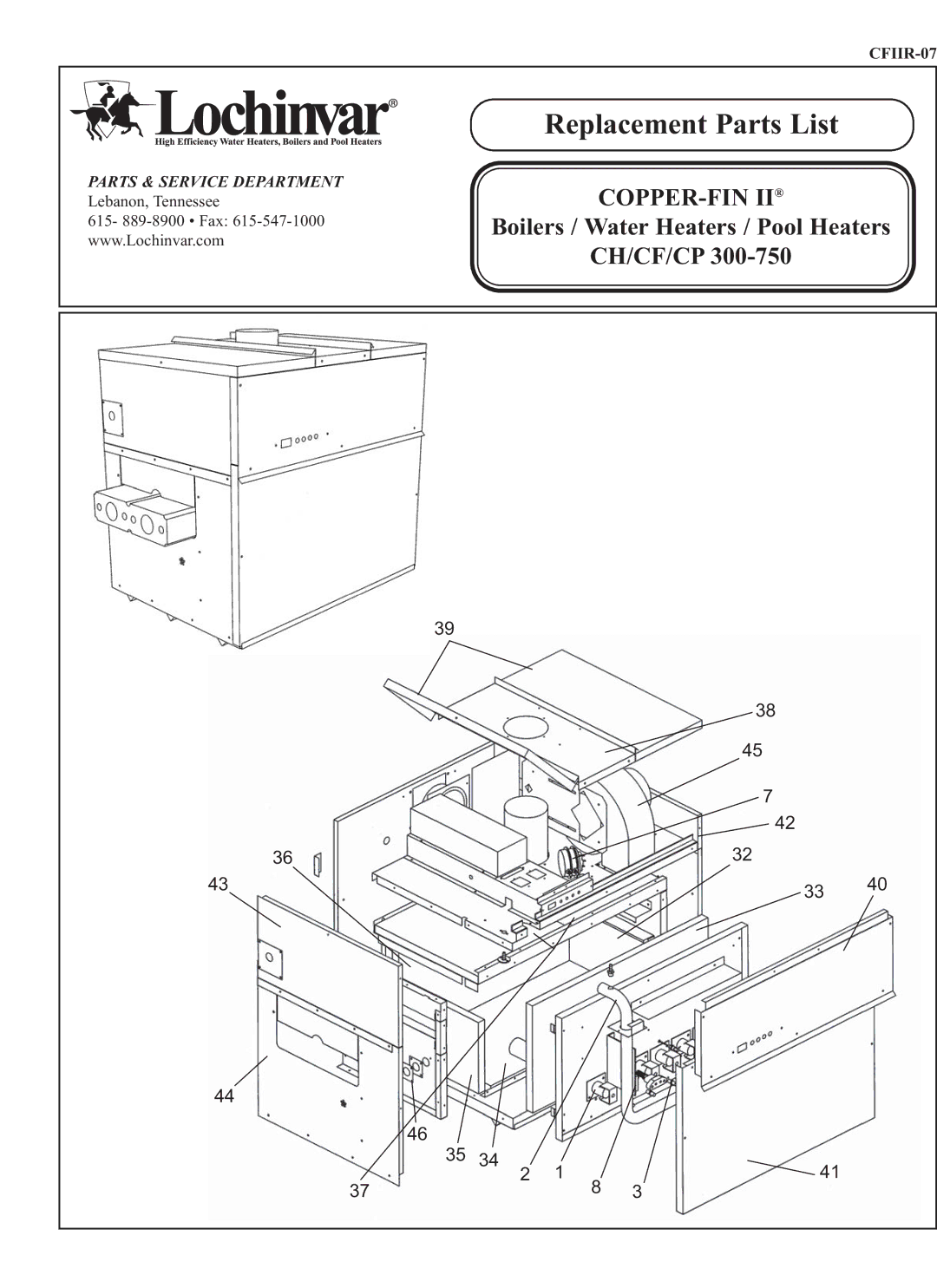 Lochinvar CH/CF/CP 300-750 manual Replacement Parts List 