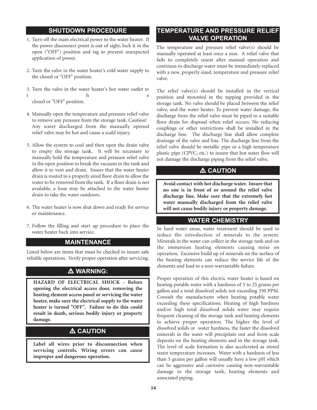 Lochinvar Commercial Electric Water Heaters warranty Shutdown Procedure, Maintenance, Water Chemistry 