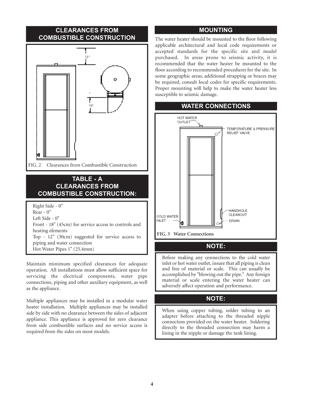 Lochinvar Commercial Electric Water Heaters warranty Clearances from Combustible Construction, Mounting, Water Connections 