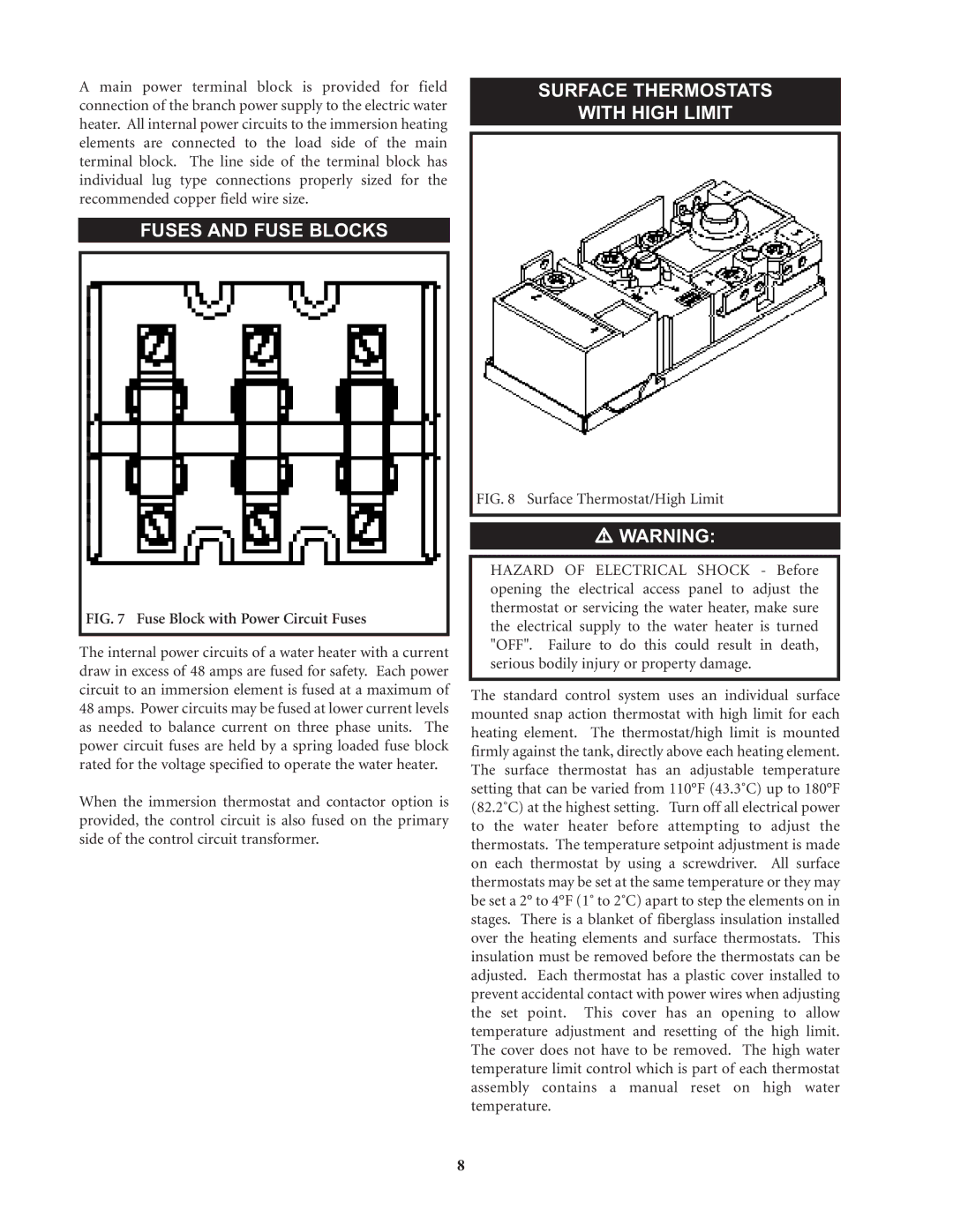 Lochinvar Commercial Electric Water Heaters warranty Fuses and Fuse Blocks, Surface Thermostats With High Limit 