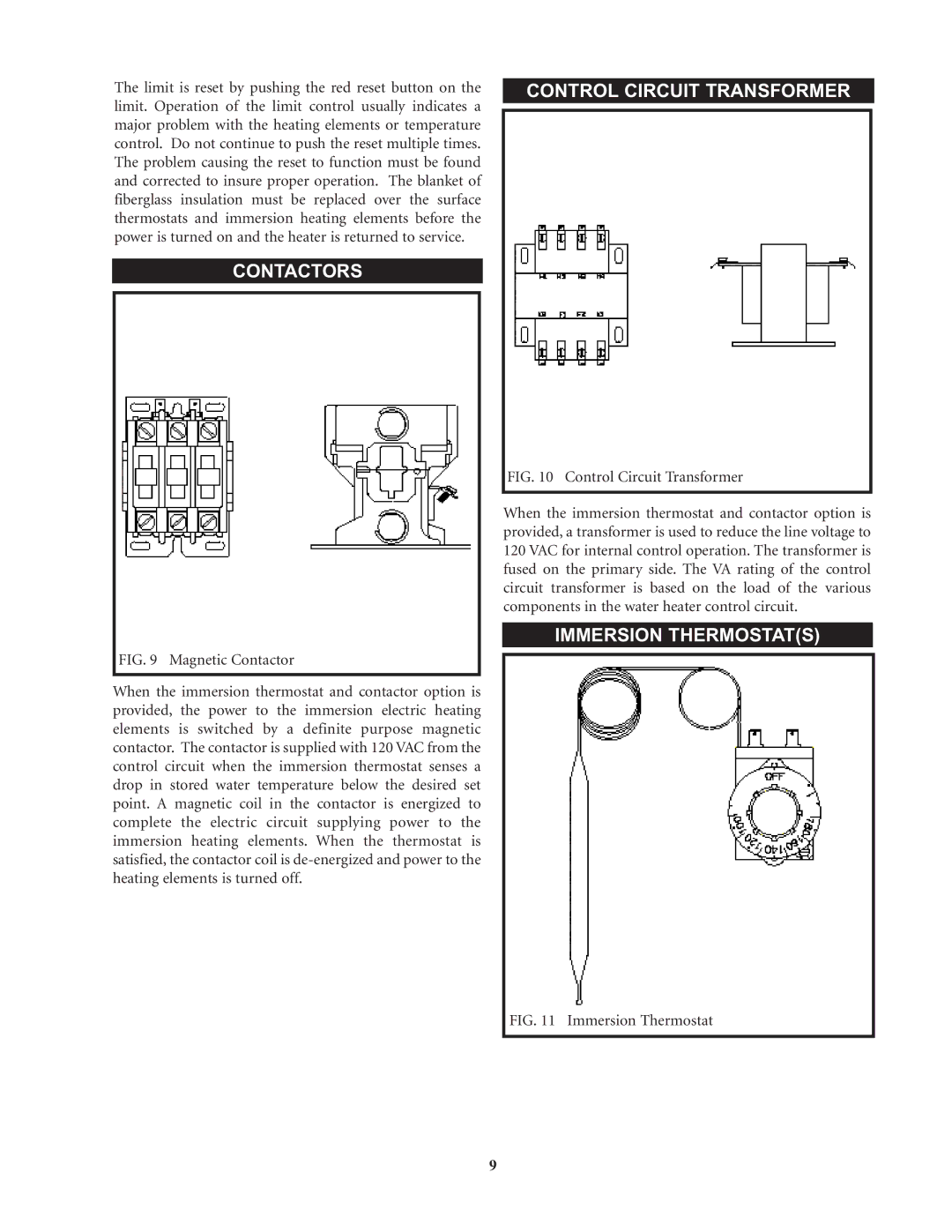 Lochinvar Commercial Electric Water Heaters warranty Contactors, Control Circuit Transformer, Immersion Thermostats 