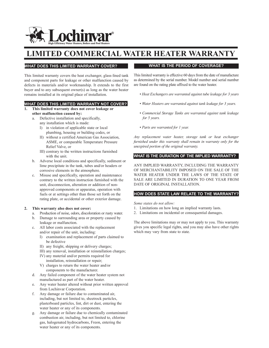 Lochinvar Commercial Water Heater warranty What does this Limited Warranty not COVER?, Some states do not allow 