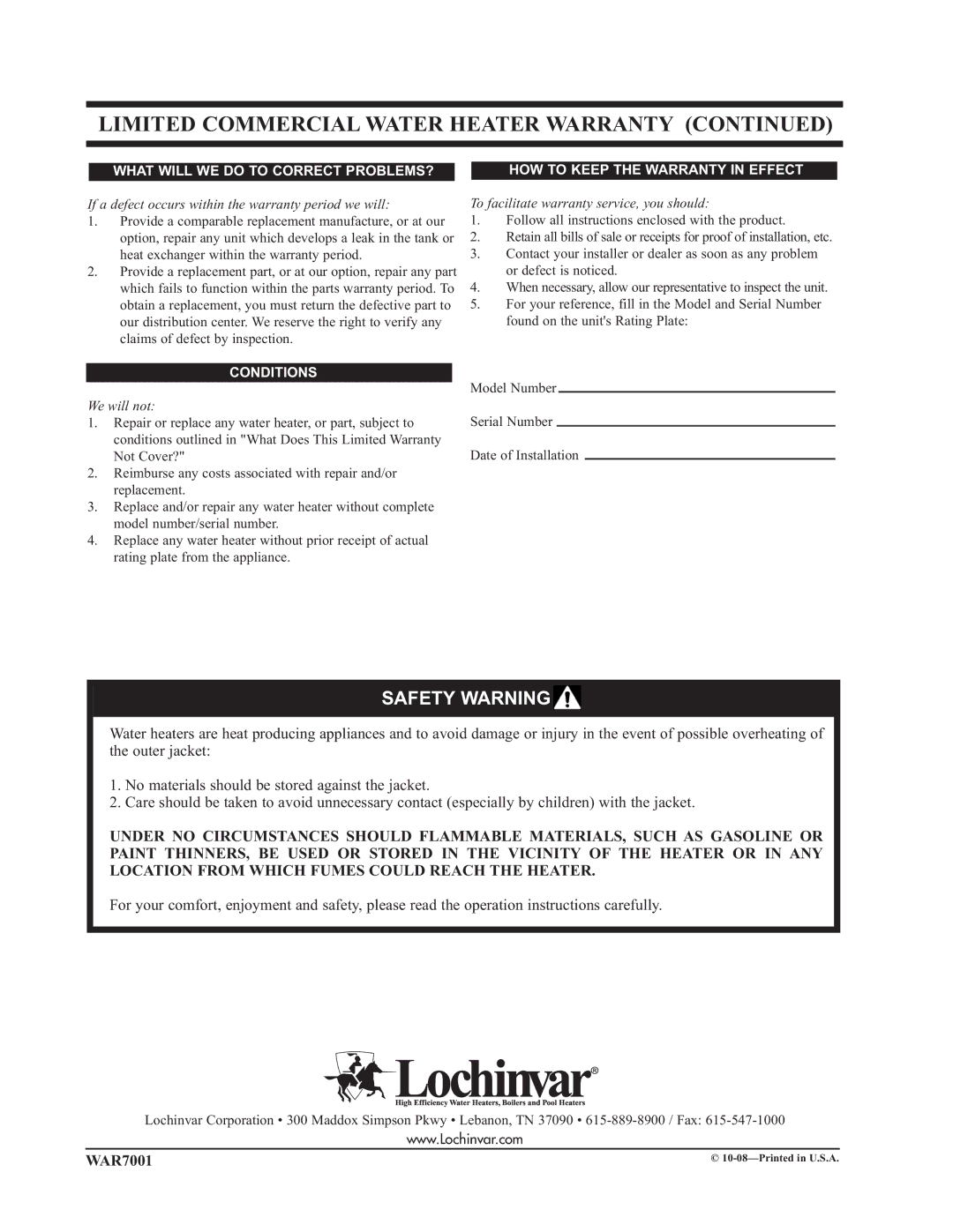 Lochinvar Commercial Water Heater If a defect occurs within the warranty period we will, Conditions, We will not 