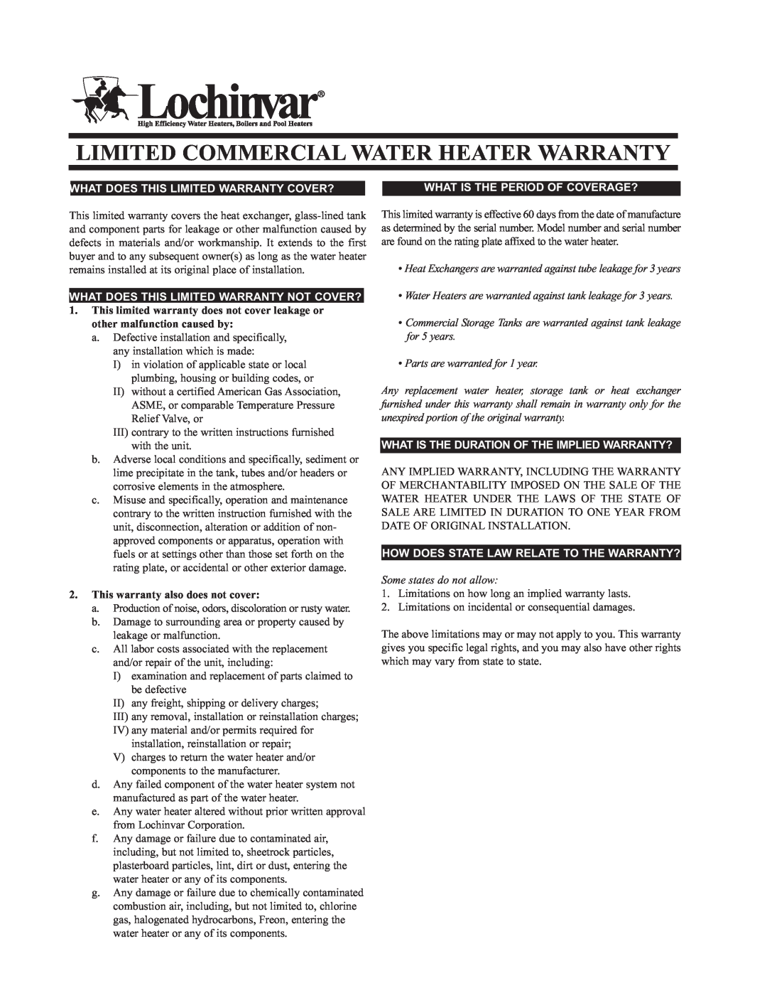 Lochinvar warranty Limited Commercial Water Heater Warranty, What Does This Limited Warranty Cover? 