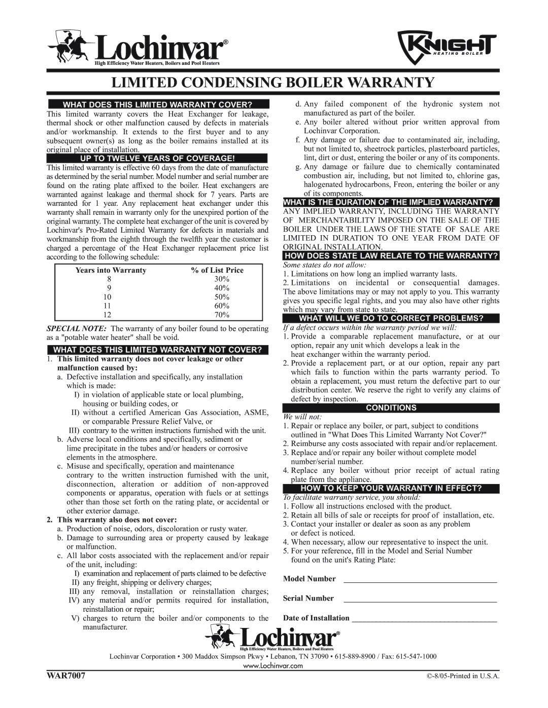 Lochinvar warranty Limited Condensing Boiler Warranty, What does this Limited Warranty COVER?, Conditions 