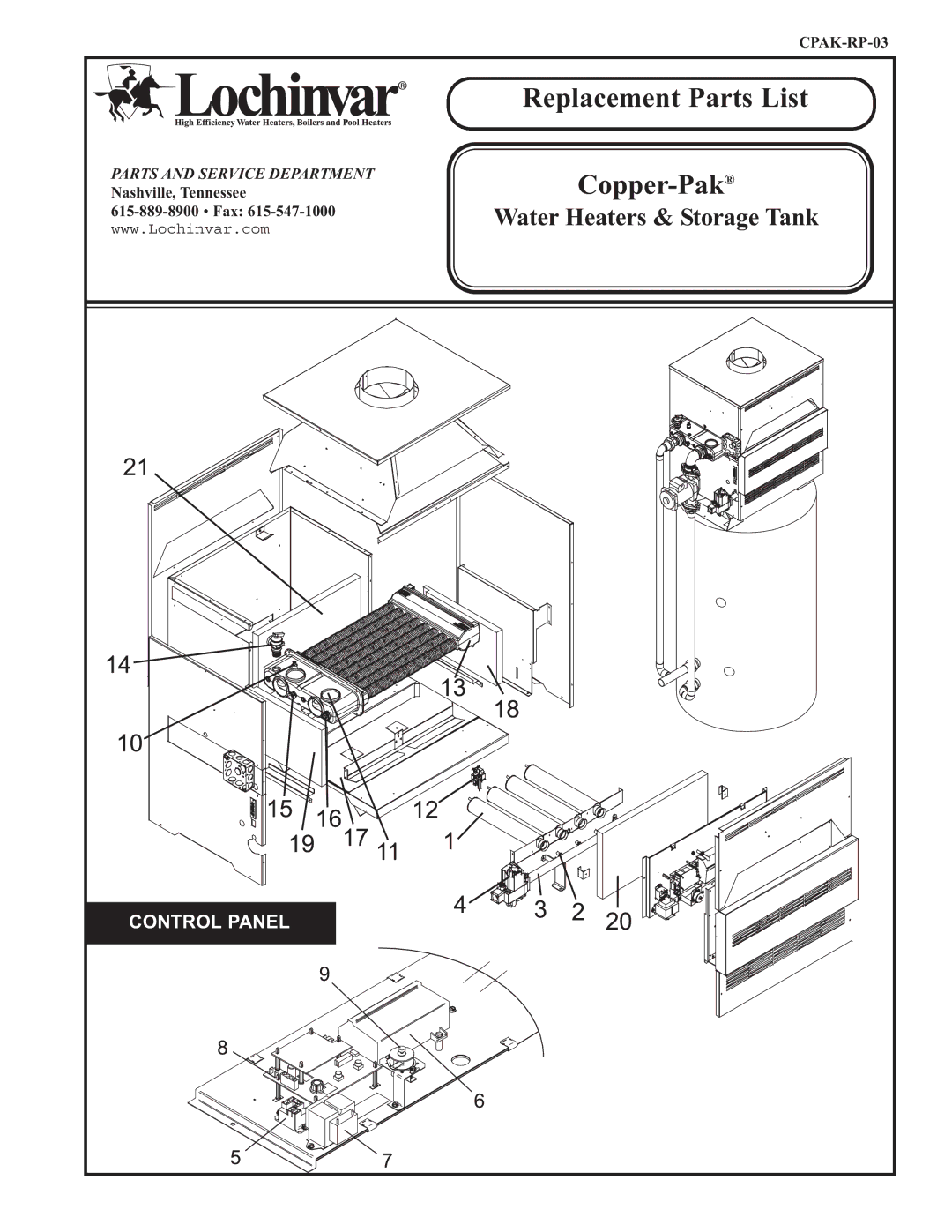 Lochinvar Copper-Pak manual Replacement Parts List 